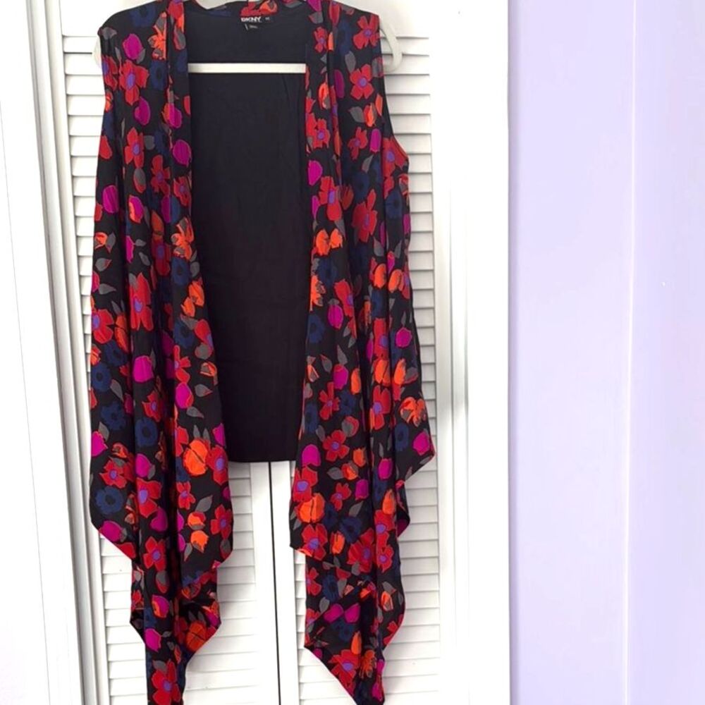 DKNY Silk Black and Red Floral Shrug Vest with Asymmetrical Hem